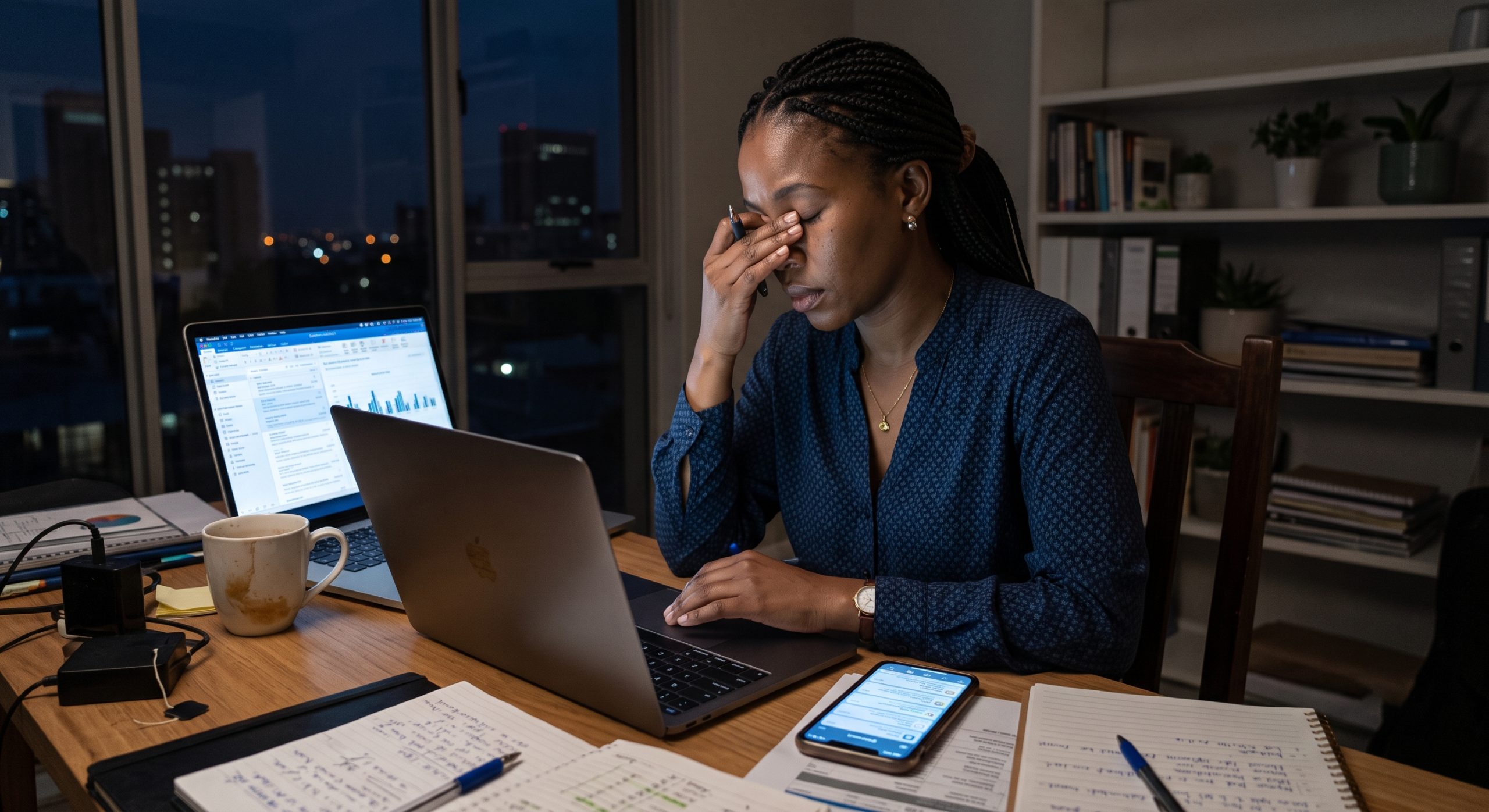 Exhausted South African employee experiencing corporate burnout at a late-night desk