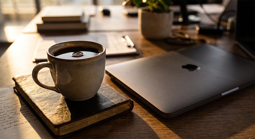 Corporate wellness week concept image showing a clean office workspace with a coffee cup and closed laptop symbolizing a work boundary.