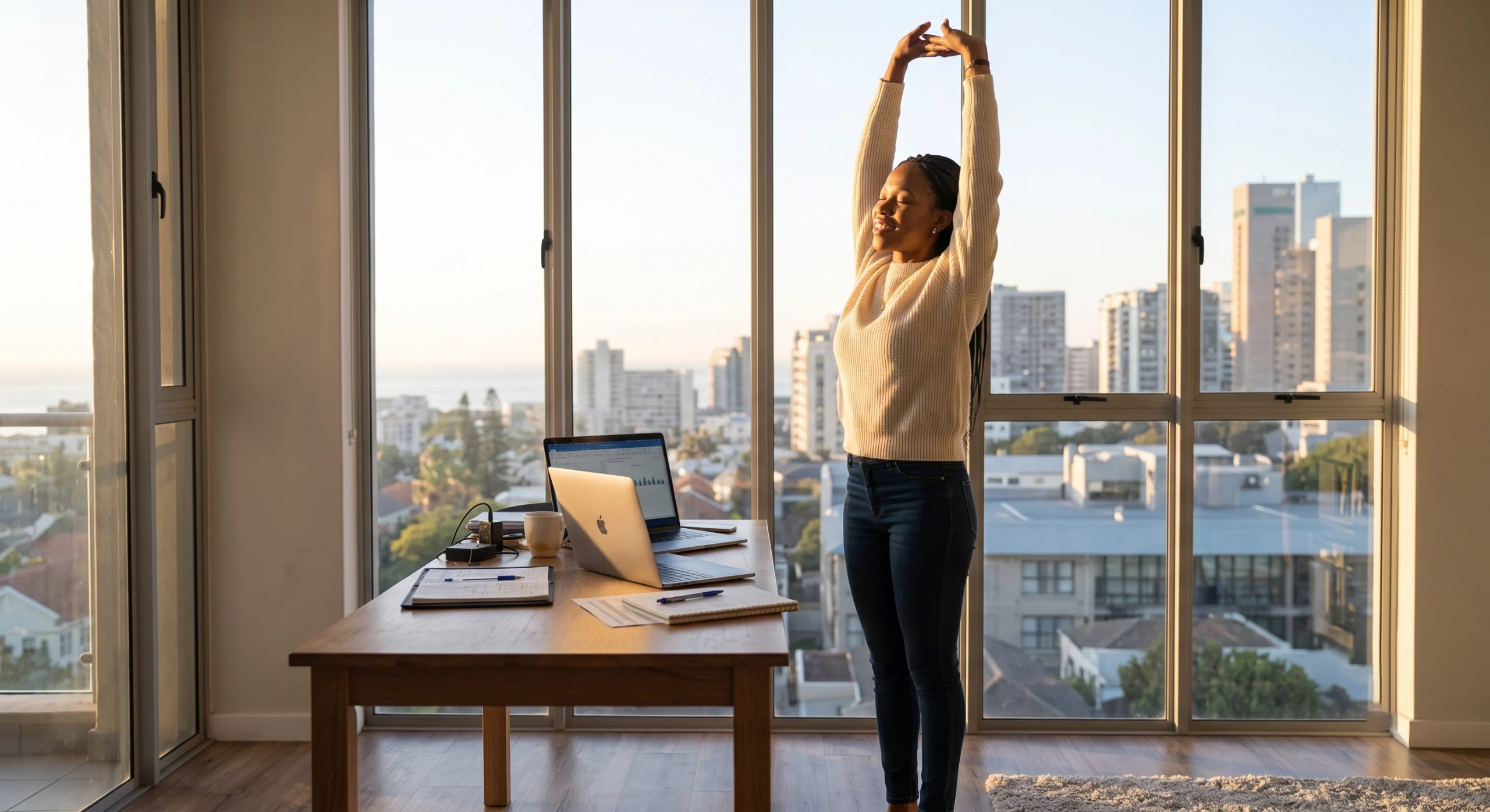 Employee taking a mindful break to prevent corporate burnout during a busy workday